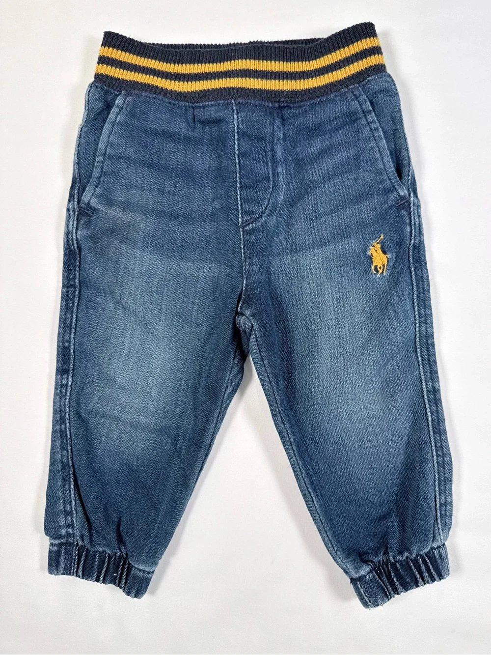 RALPH LAUREN Baby Boy Stretch Denim Jogger Pant 9M Preppy Varsity Pull On Jeans